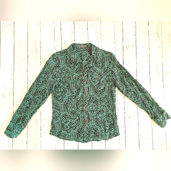 Liz Claiborne Western Damask Turquoise & Black Button up Blouse Longsleeve - Picture 2 of 9